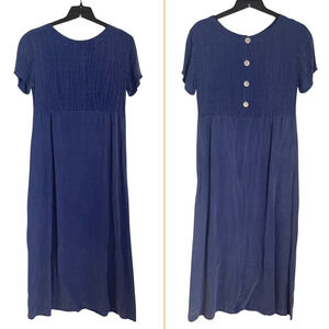 Blue Satin Midi Dress Button Back Minimalist Cottagecore Soft Rayon Flowy S NWT